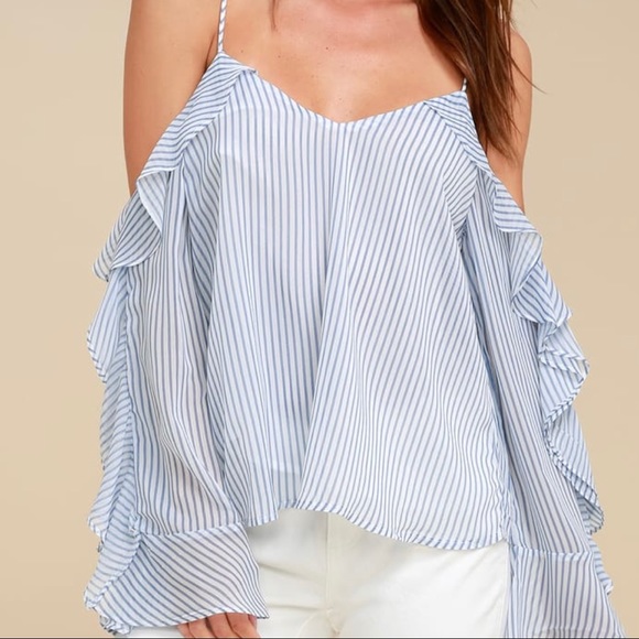 Del Sur Blue Striped Off-the-Shoulder Top - Picture 1 of 5
